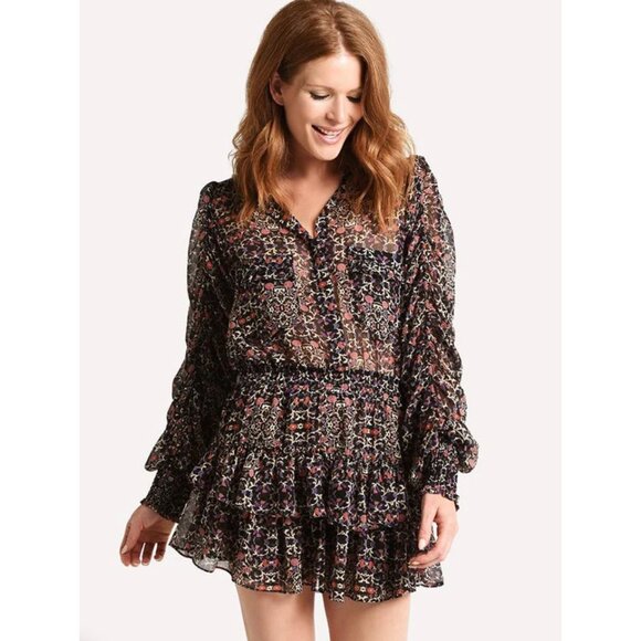 Misa Los Angeles Adora Mini Dress Black Floral Long Sleeve Ruffle Size Medium - Picture 1 of 10